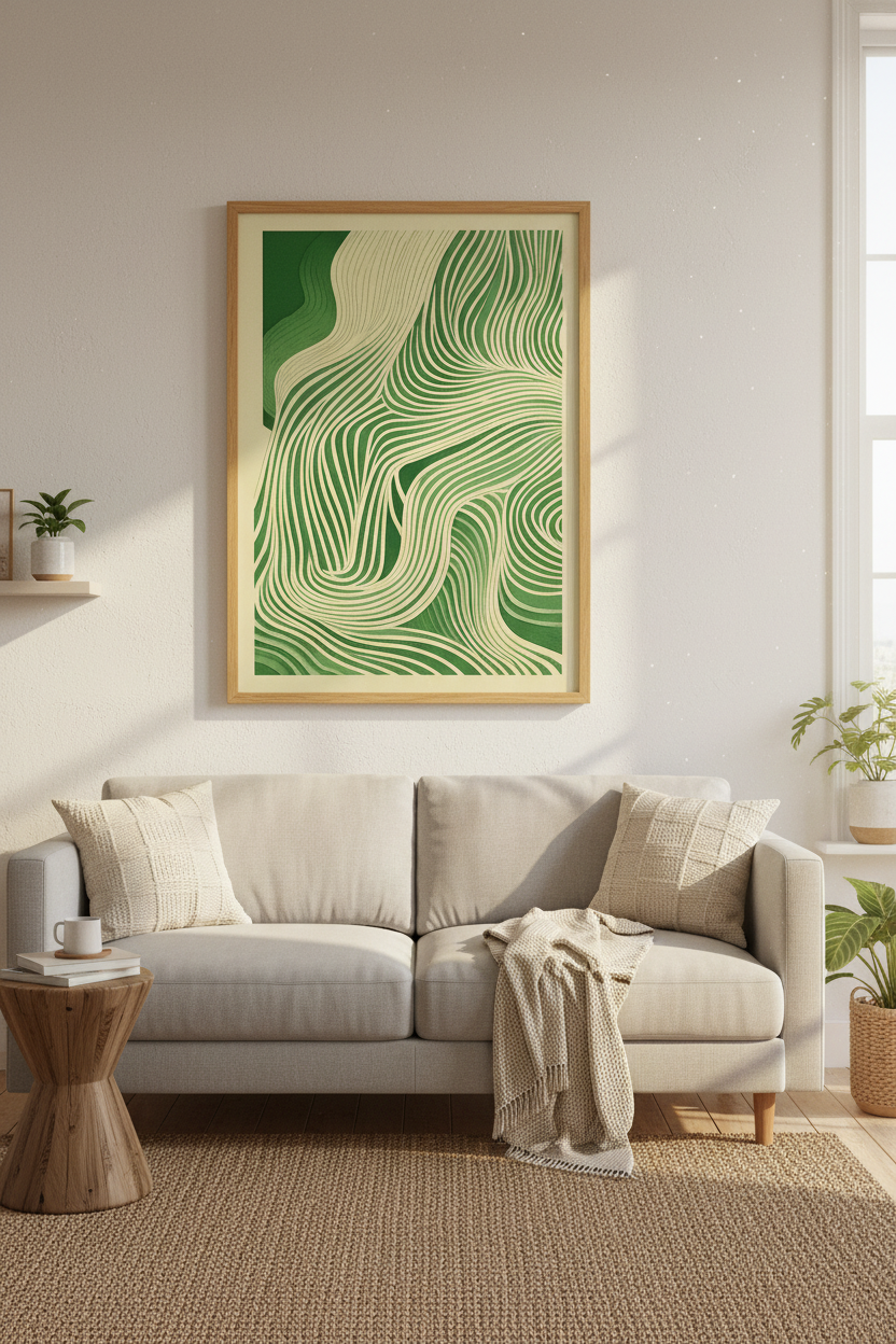 Abstract Wavy Line Art Print | Organic Modern Wall Decor | Green Beige Aesthetic Poster | Mid-Century Zen Graphic Design