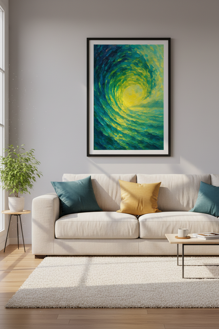 Abstract Wave Wall Art Print | Ocean Living Room Decor | Vibrant Teal Yellow Swirl Poster | Modern Coastal Aesthetic Original Art