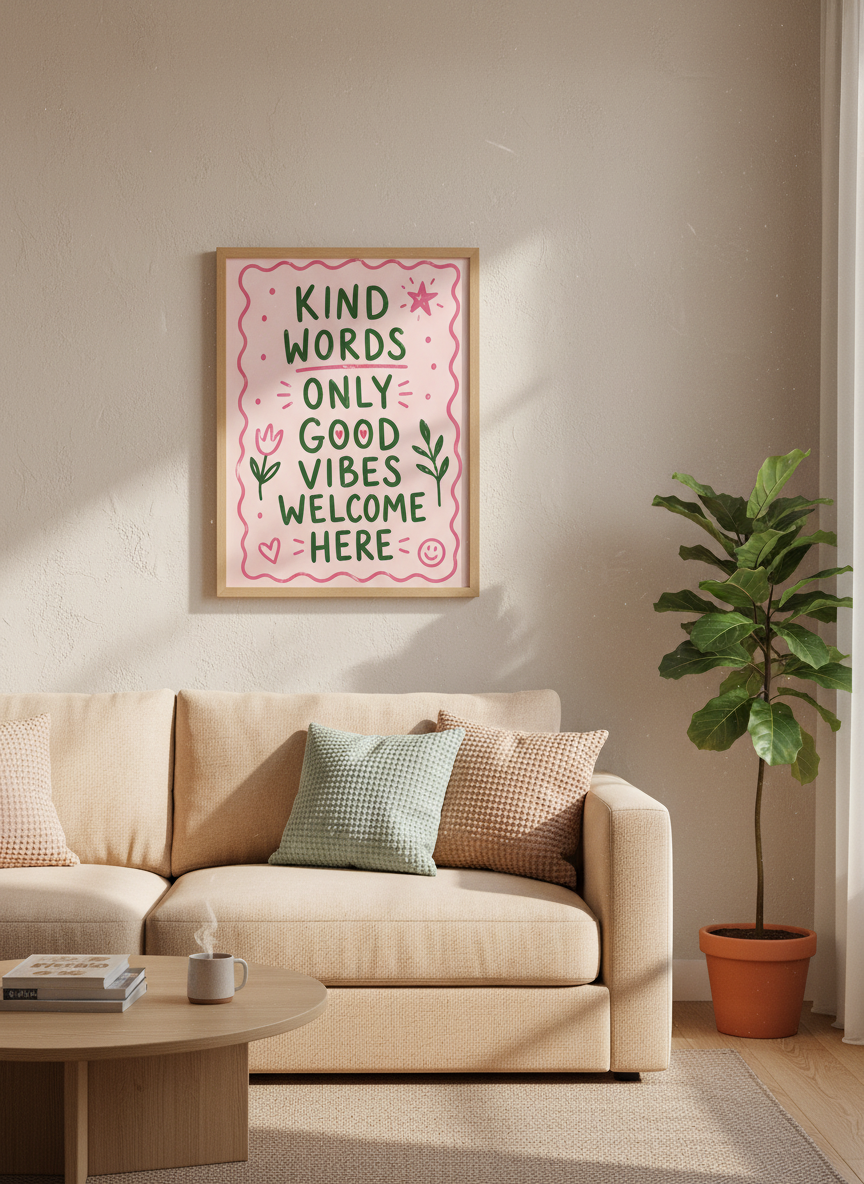 Kind Words Good Vibes Poster | Pink Green Motivational Wall Art | Positive Quote Decor
