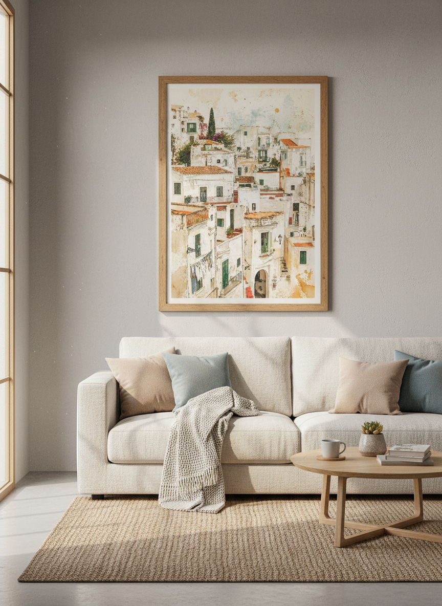 Mediterranean Village Watercolor Art | Italian Coastal Town Decor | European House Print
