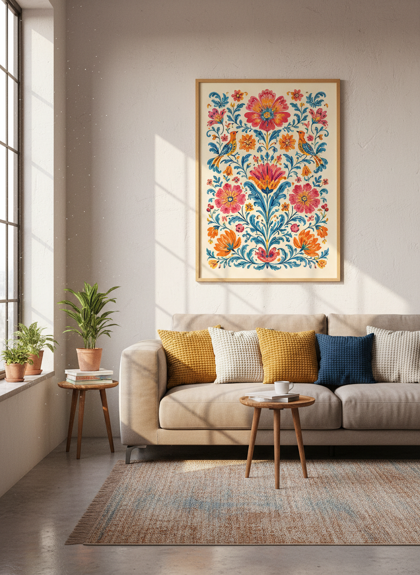 Mexican Folk Art Birds & Flowers | Vibrant Floral Botanical Wall Decor Poster Print