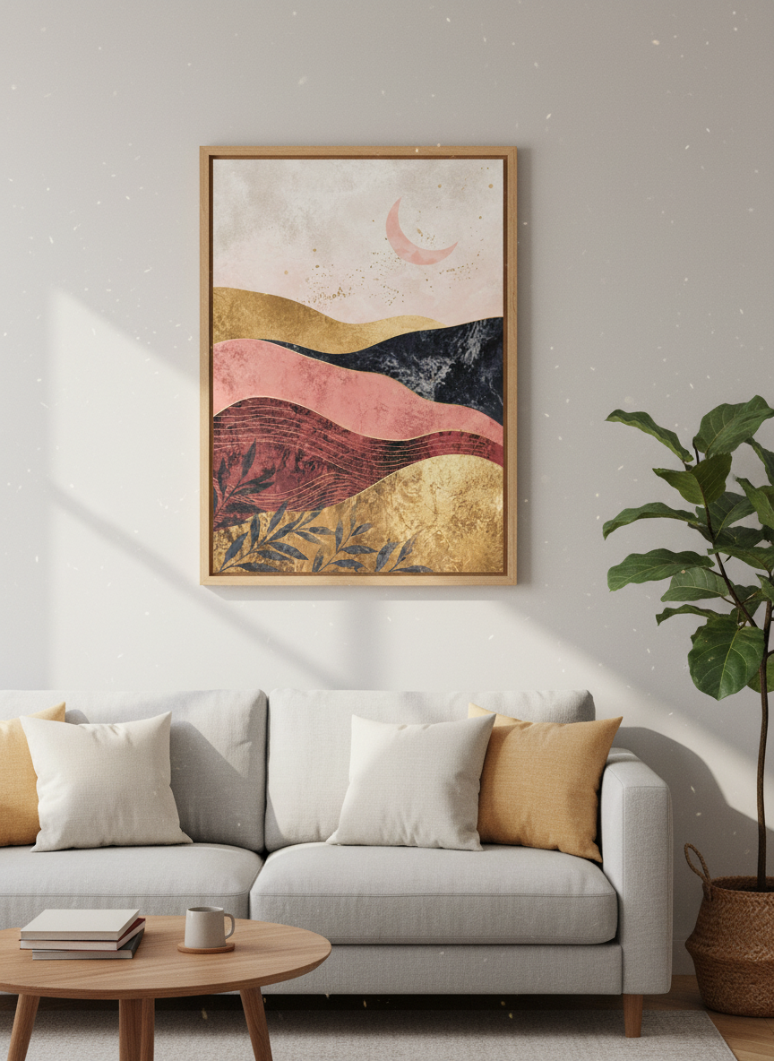 Abstract Gold Landscape Wall Art | Pink Crescent Moon Print, Boho Home Decor
