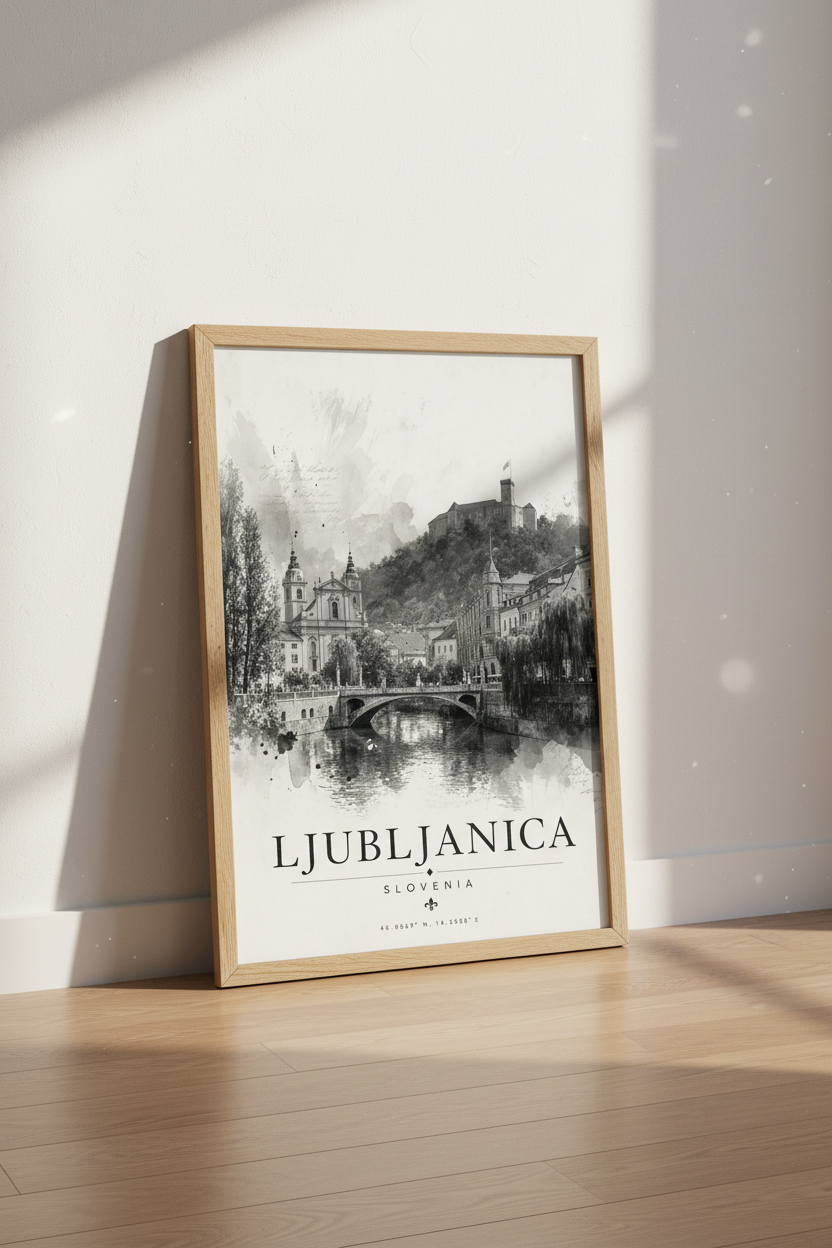 Ljubljana Slovenia Art Print | Watercolor Travel Poster | Black & White City Decor