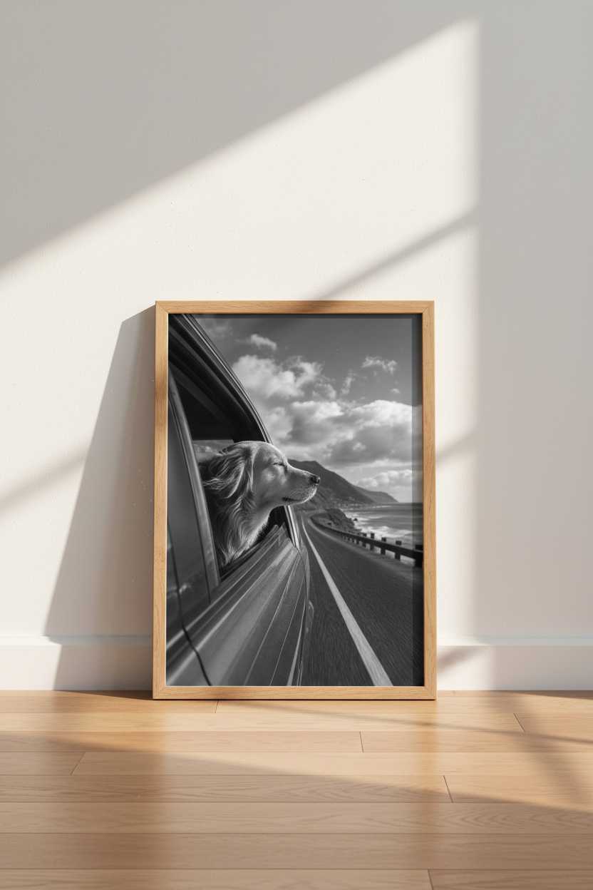 Golden Retriever Car Ride Wall Art | Black and White Coastal Print, Neutral Decor