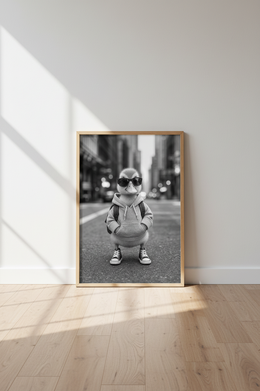 Cool Duckling in Hoodie | B&W Urban Photography, Streetwear Style Wall Art