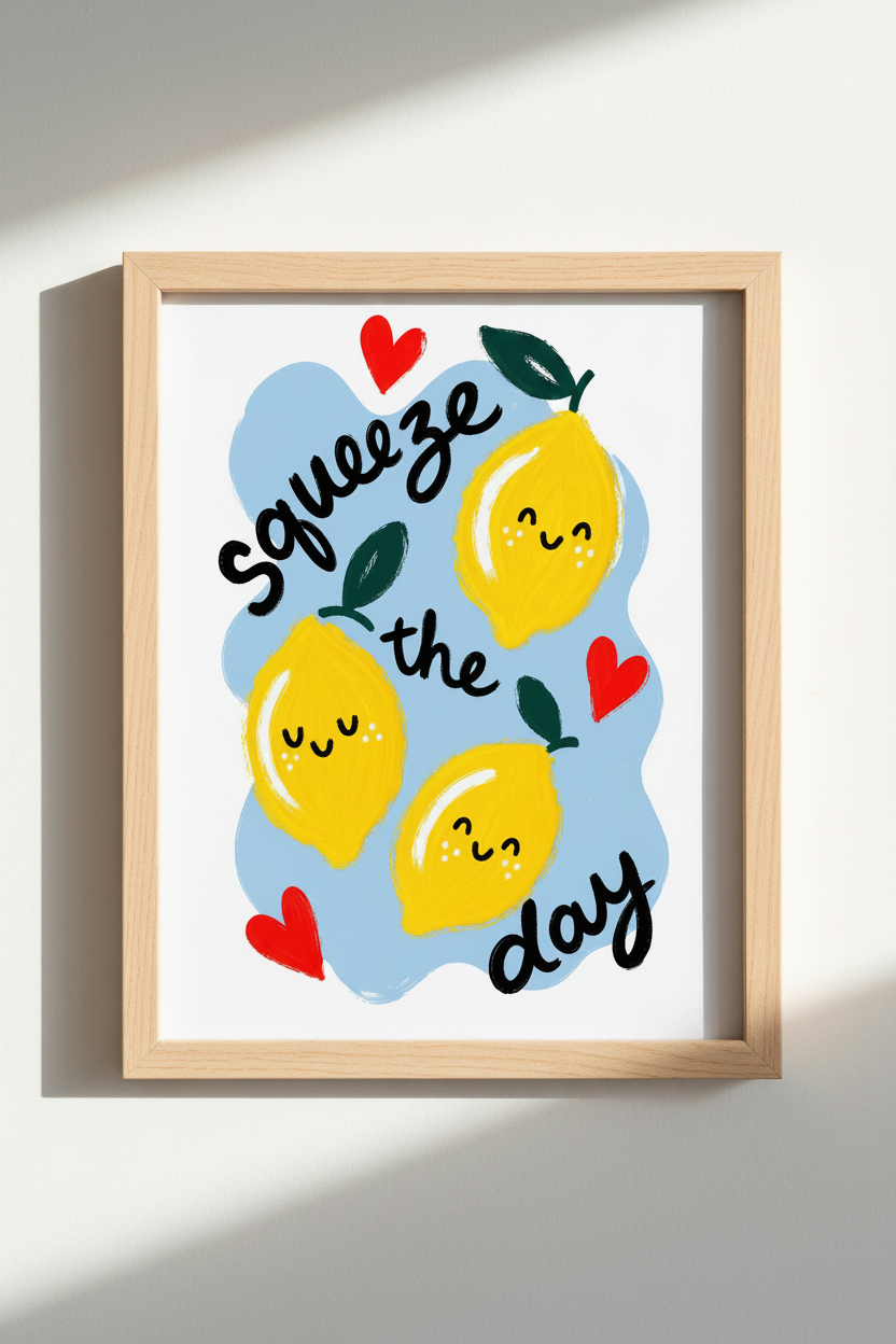 Lemon Kitchen Wall Art | Squeeze The Day Poster, Colorful Citrus Decor Print