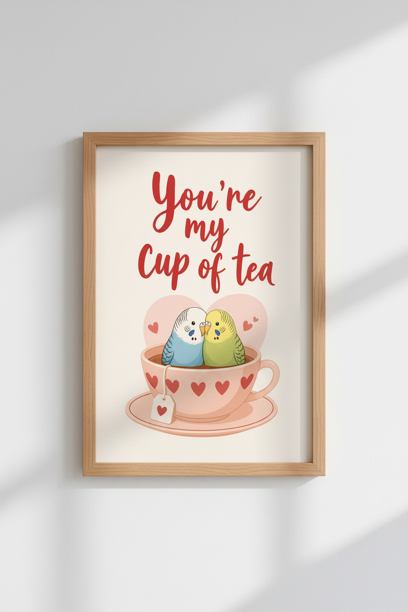 Budgie Lovebird Cup of Tea Wall Art | Kitchen Nursery Decor | Whimsical Bird Poster