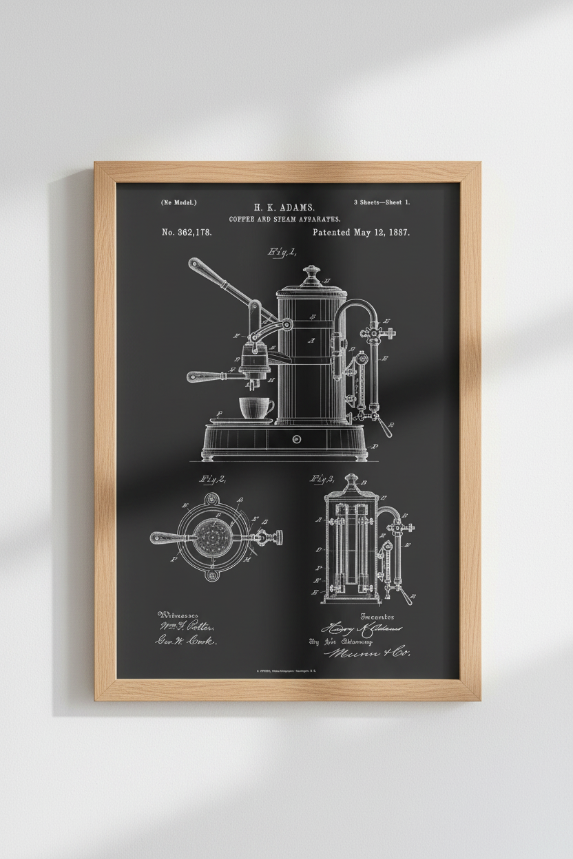 Coffee blueprint Wall Art Print | Monochrome Industrial Espresso Decor | Kitchen Wall Art