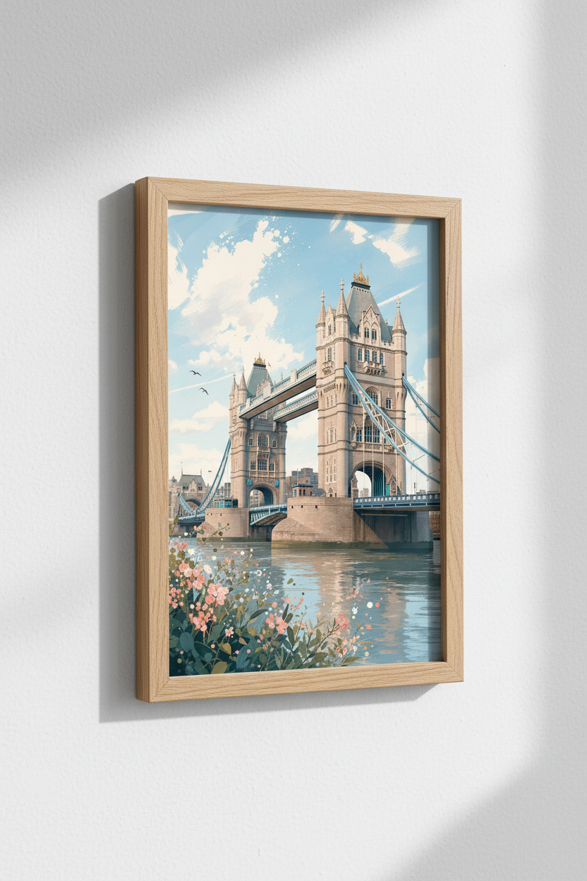 London Tower Bridge Art | Pastel Blue Cityscape, Living Room Decor Poster
