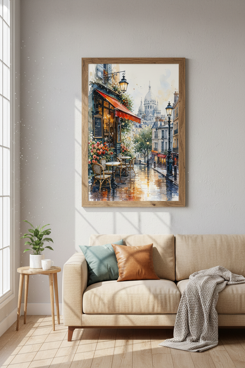 Paris Cafe Watercolor Wall Art | Montmartre France Poster, Living Room Decor
