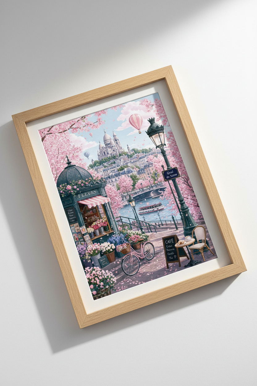 Paris Spring Cityscape | Pink Cherry Blossom Art, Romantic French Cafe Poster