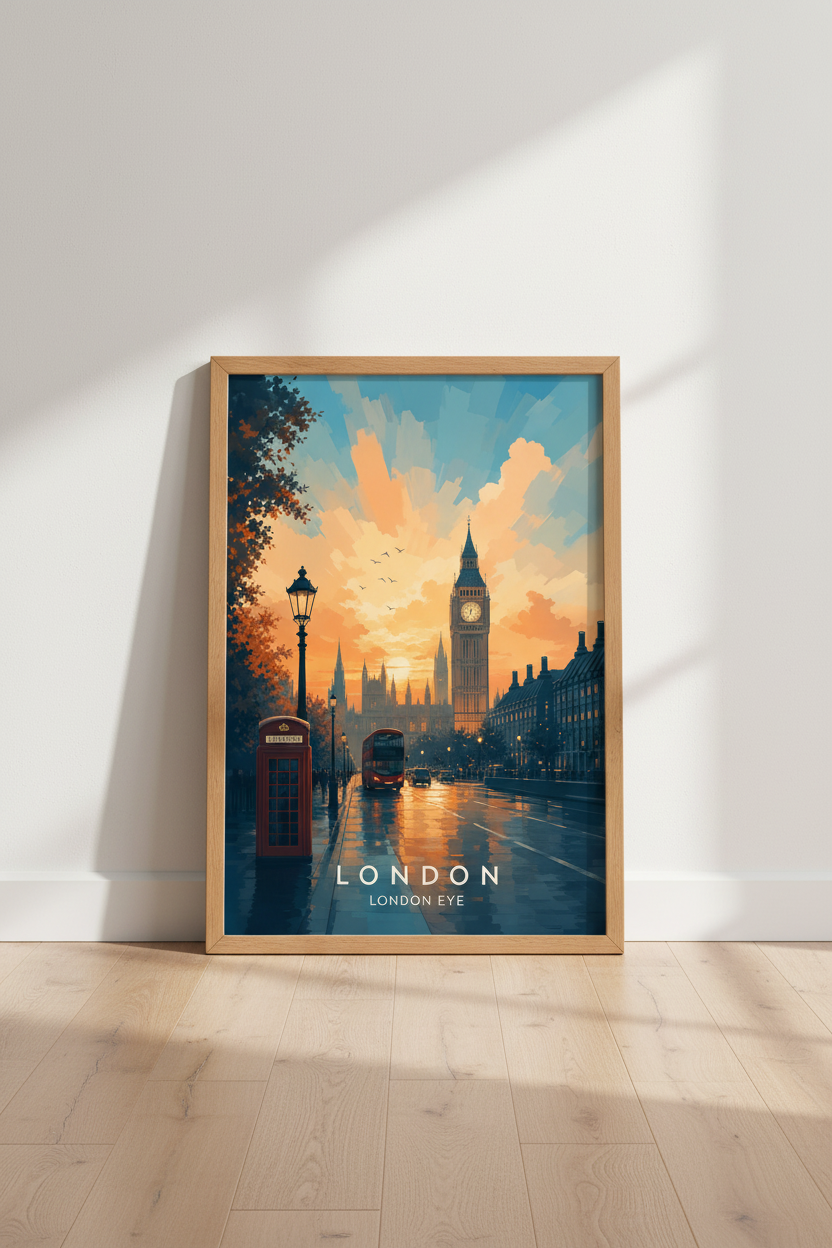 London Big Ben Sunset Art | Vintage Oil Style, Travel Poster Print