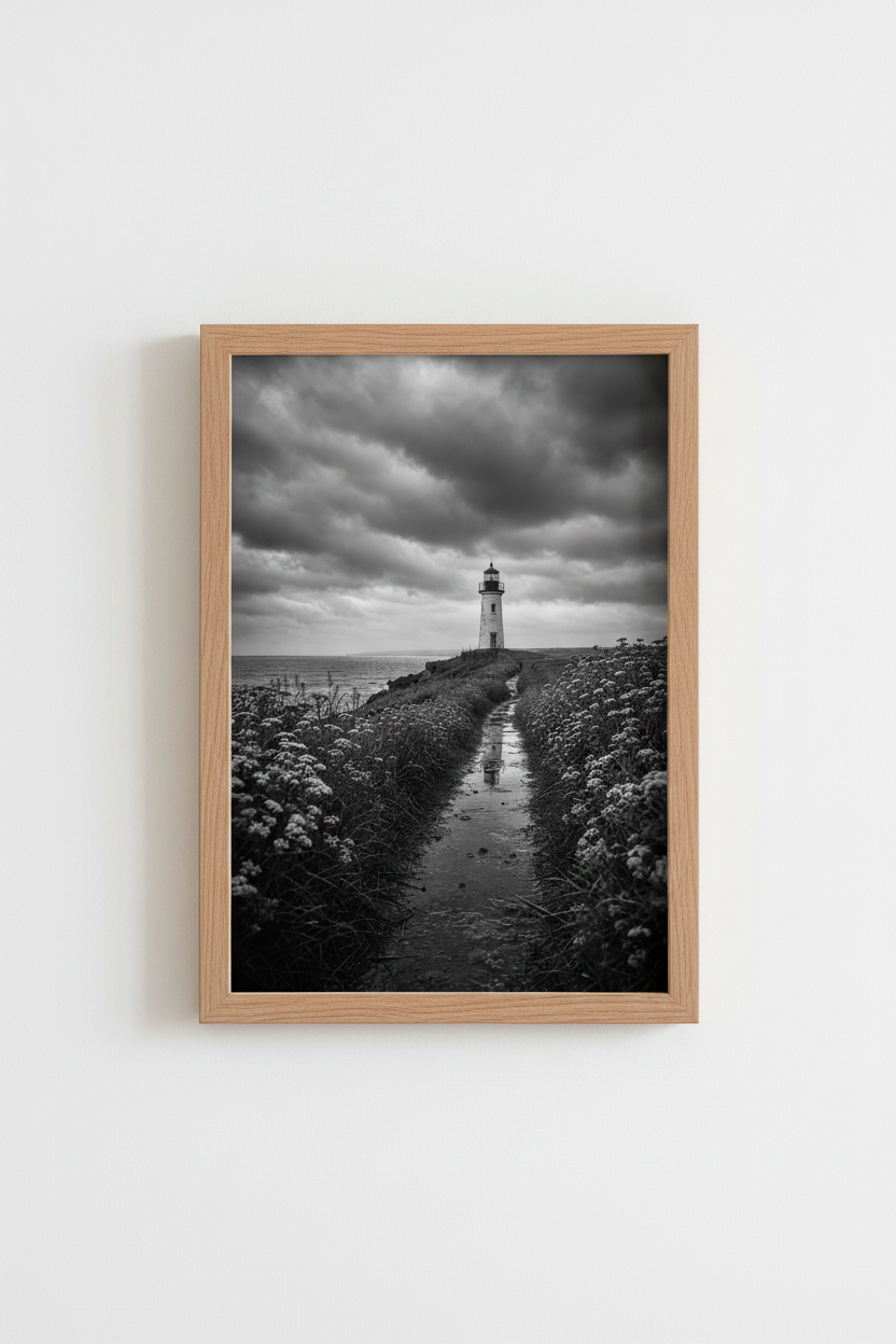 Lighthouse Wall Art Print | Black and White Coastal Decor | Moody Nautical Poster