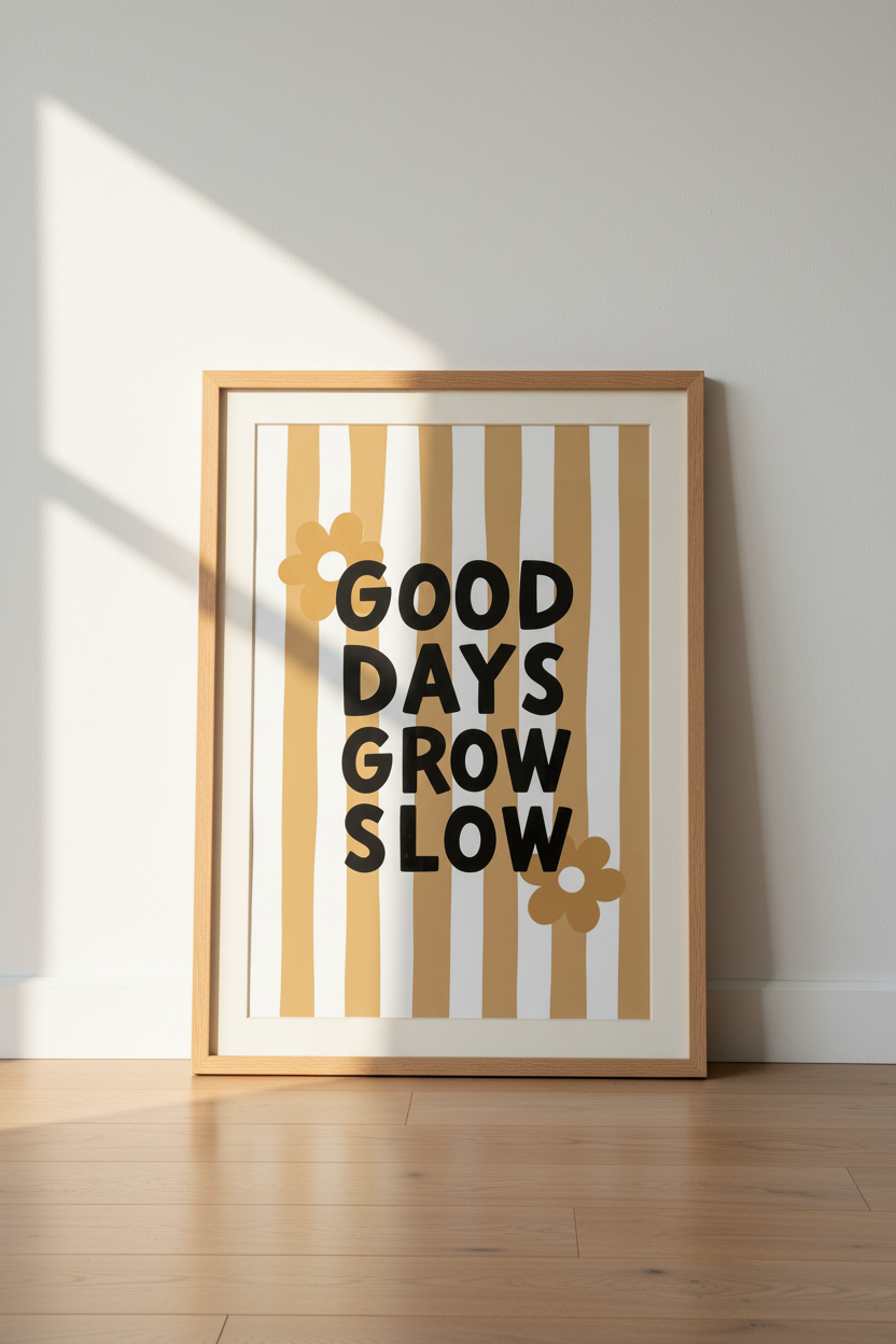 Good Days Grow Slow | Retro Floral Ochre Stripes, Bedroom & Office Decor