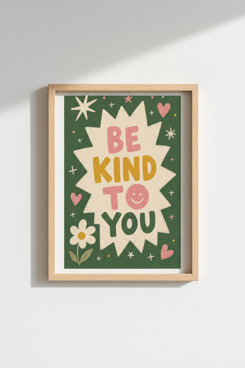 Be Kind Wall Art | Retro Green Rose Palette, Living Room Decor