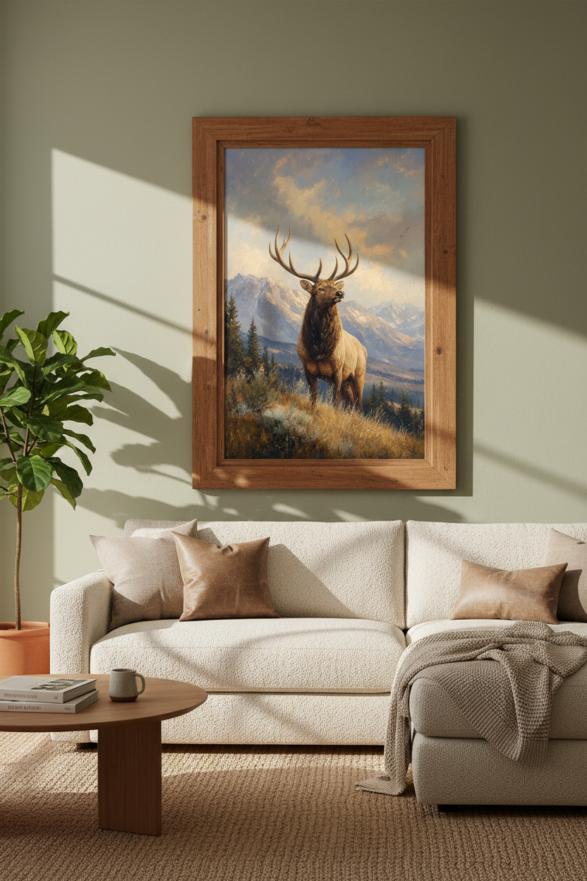 Majestic Elk Mountain Oil Painting | Rustic Lodge Decor | Wildlife Poster