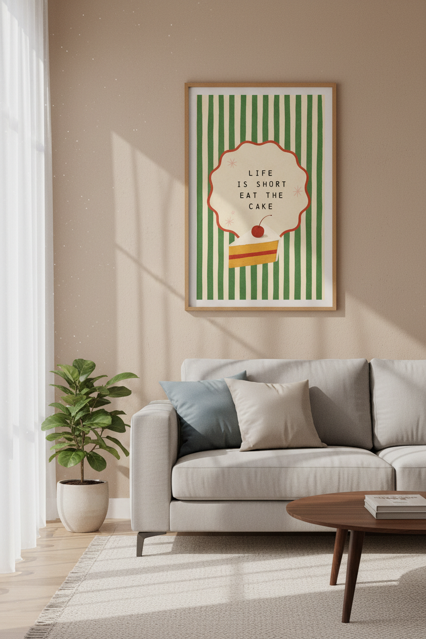 Life is Short Eat the Cake Print | Retro Green Striped Wall Art | Kitchen Decor Poster