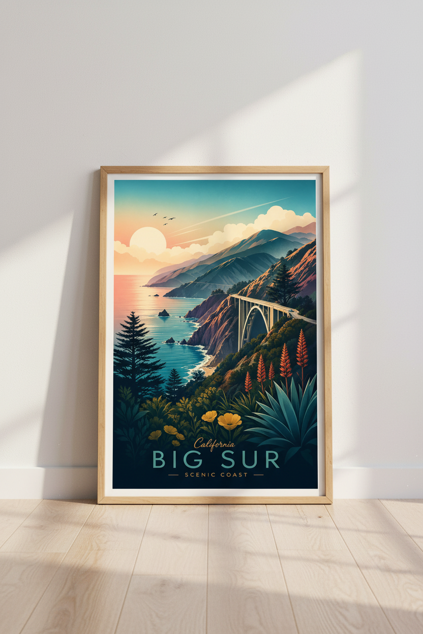 Big Sur California Travel Poster | Retro Coastal Wall Art, Living Room Decor