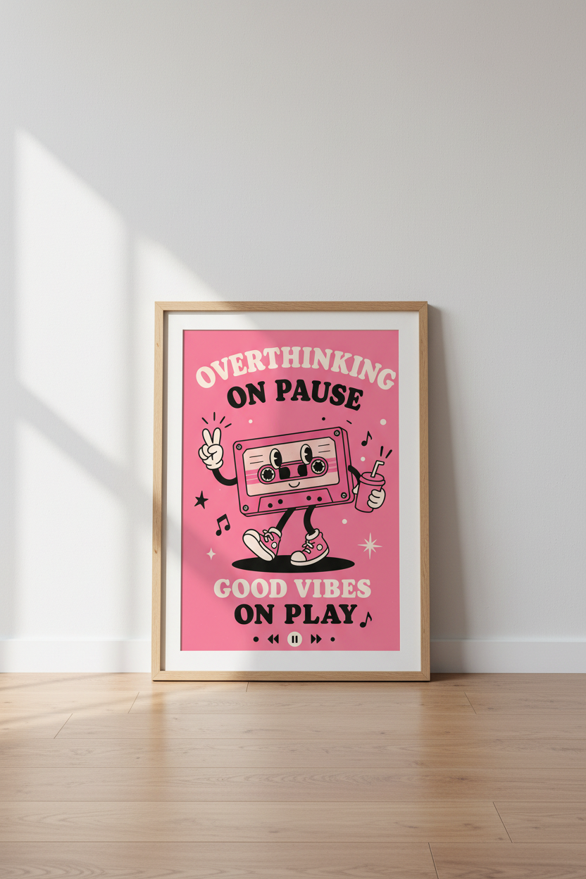 Retro Cassette Tape Wall Art | Pink Positive Quote Poster, Bedroom Decor