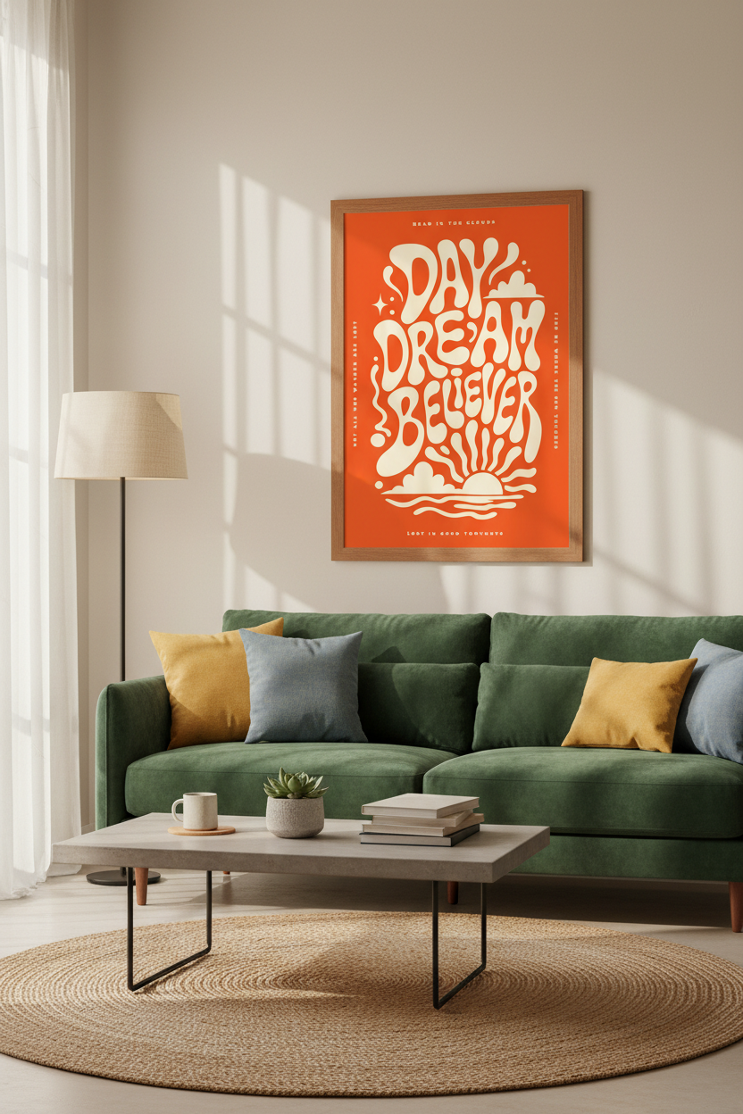Daydream Believer Retro Wall Art | Orange Groovy Typography Print, Aesthetic Dorm Decor