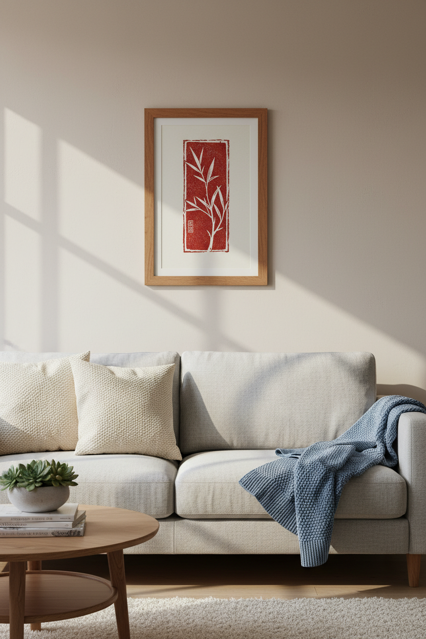 Japanese Bamboo Art Print | Minimalist Red Zen Poster, Japandi Wall Decor