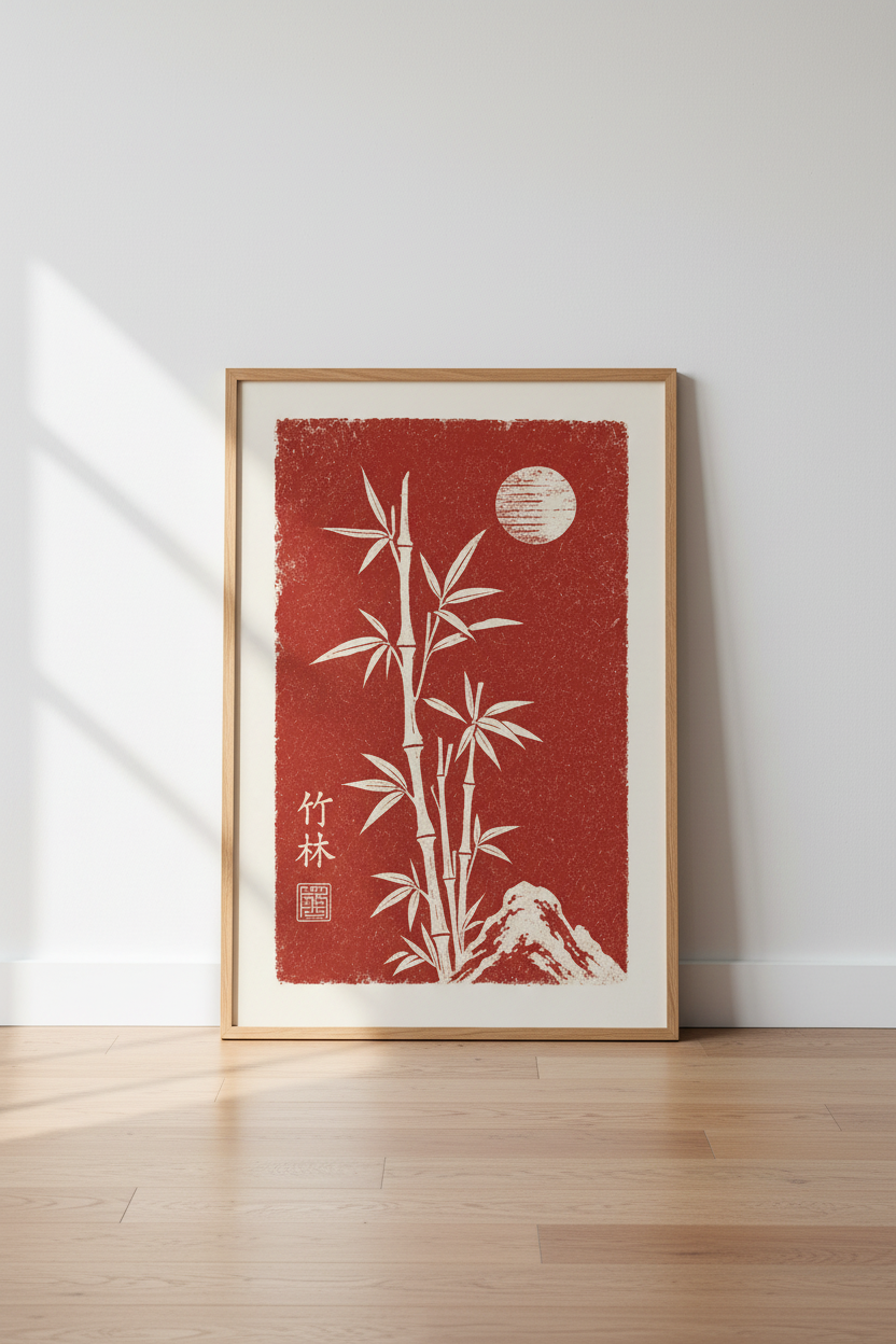 Japanese Bamboo Wall Art Print | Red Zen Forest Decor | Asian Minimalist Poster