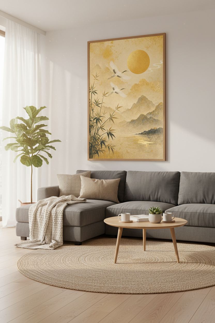 Japanese Crane Sun Wall Art | Gold Mountain Landscape, Zen Home Decor Poster