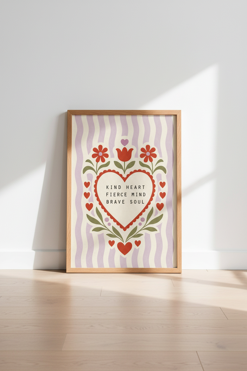 Kind Heart Brave Soul Print | Retro Folk Floral, Empowering Aesthetic Poster