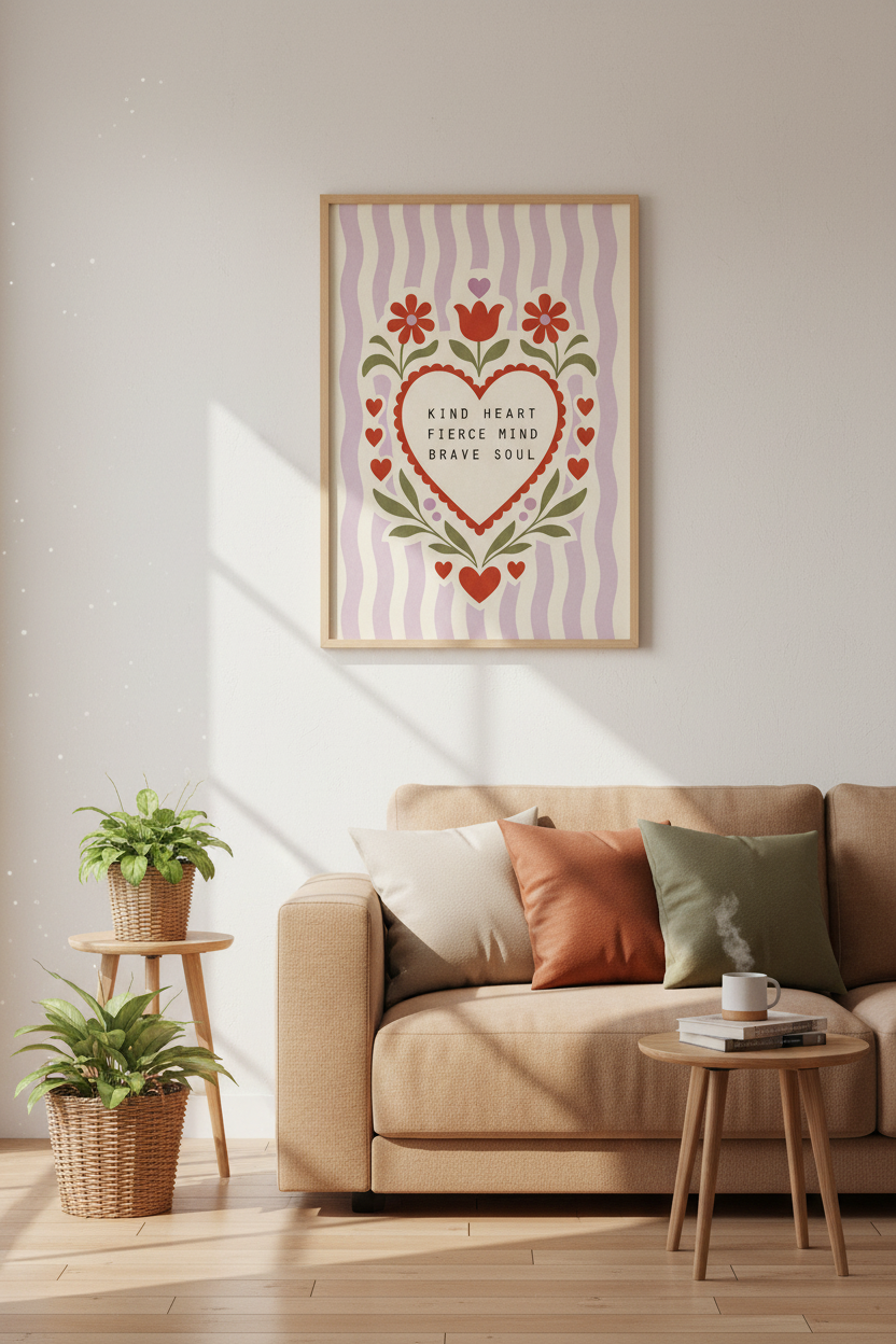 Kind Heart Brave Soul Print | Retro Folk Floral, Empowering Aesthetic Poster