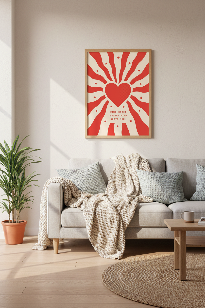 Retro Heart Wall Art Print | Red Sunburst Decor | Kind Heart Brave Soul Poster