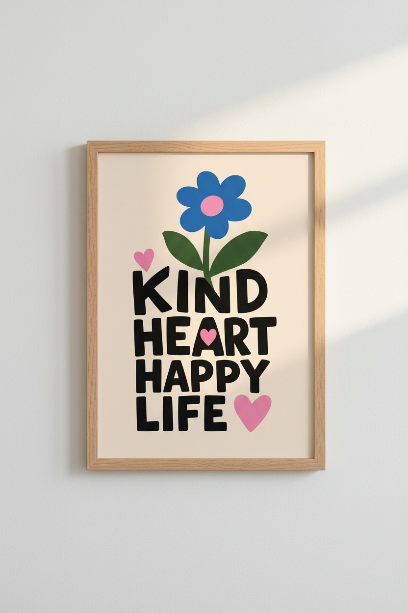 Danish Pastel Wall Art Print | Kind Heart Happy Life Quote, Colorful Flower Poster Decor