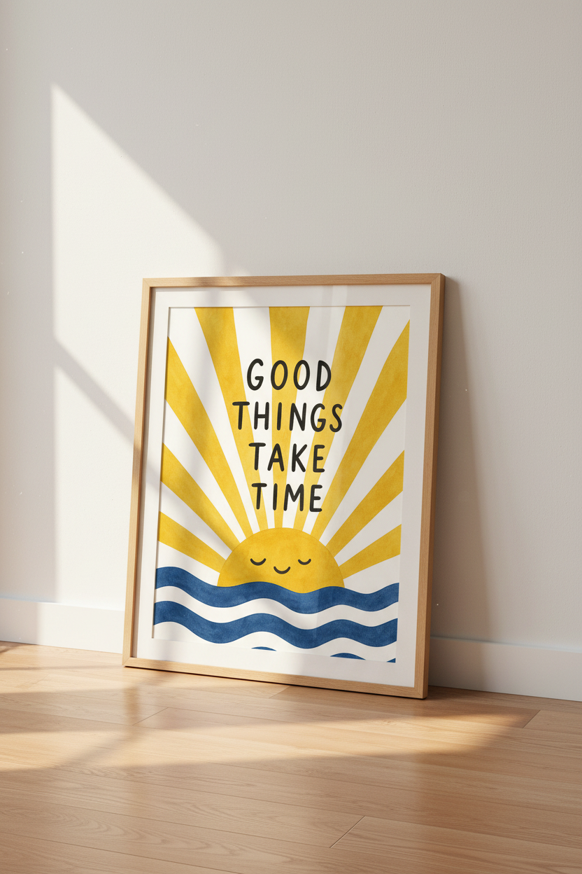 Good Things Take Time Wall Art | Yellow Sun & Sea Decor | Motivational Boho Poster