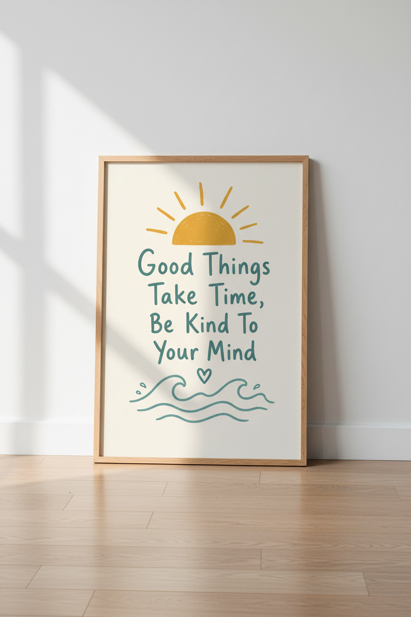 Good Things Take Time Quote Wall Art | Boho Sun & Sea Poster | Mental Health Decor