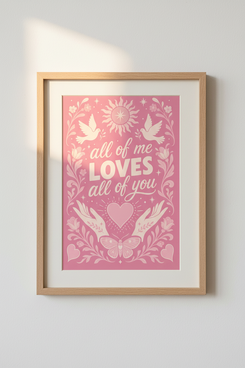 All of Me Loves All of You Wall Art | Pink Love Quote Poster | Boho Bedroom Decor