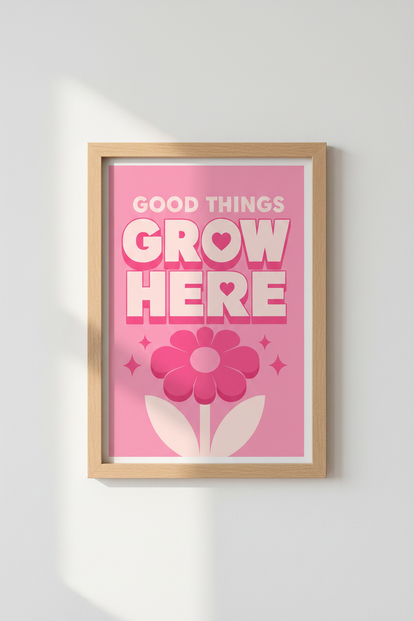 Retro Pink Quote Wall Art | Groovy Flower Poster, Dorm & Nursery Decor