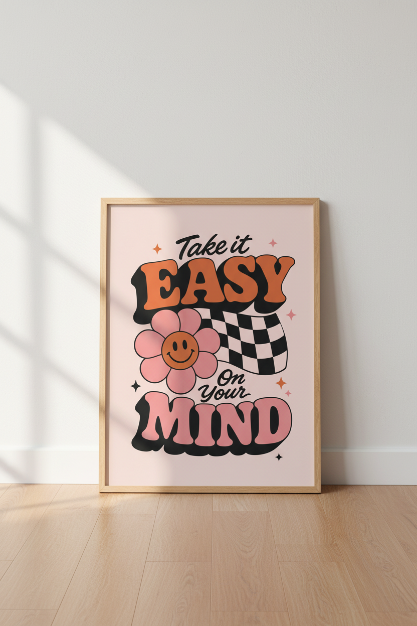 Retro Take It Easy Wall Art Print | Pink Groovy Bedroom Decor | Boho Smiley Poster