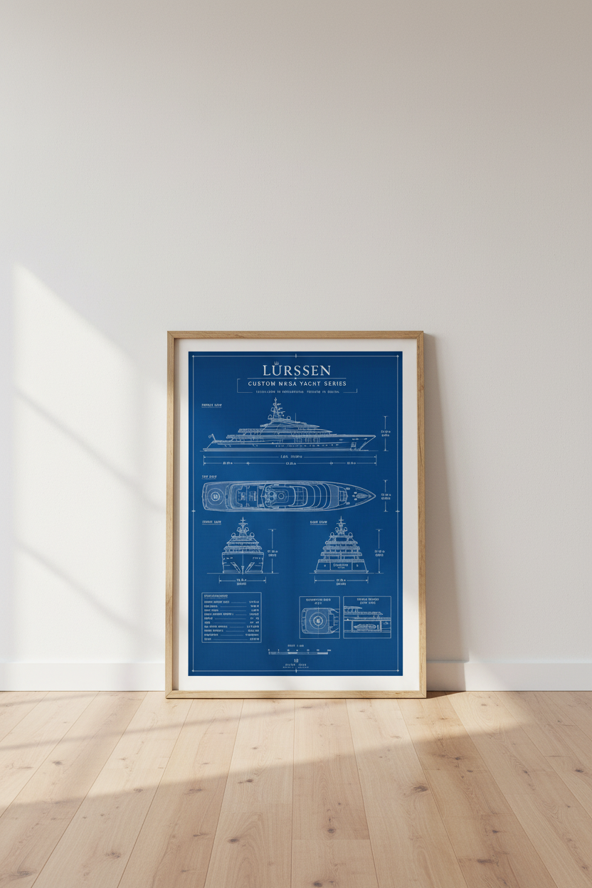 Mega Yacht Blueprint Wall Art | Nautical Engineering Poster | Office Decor