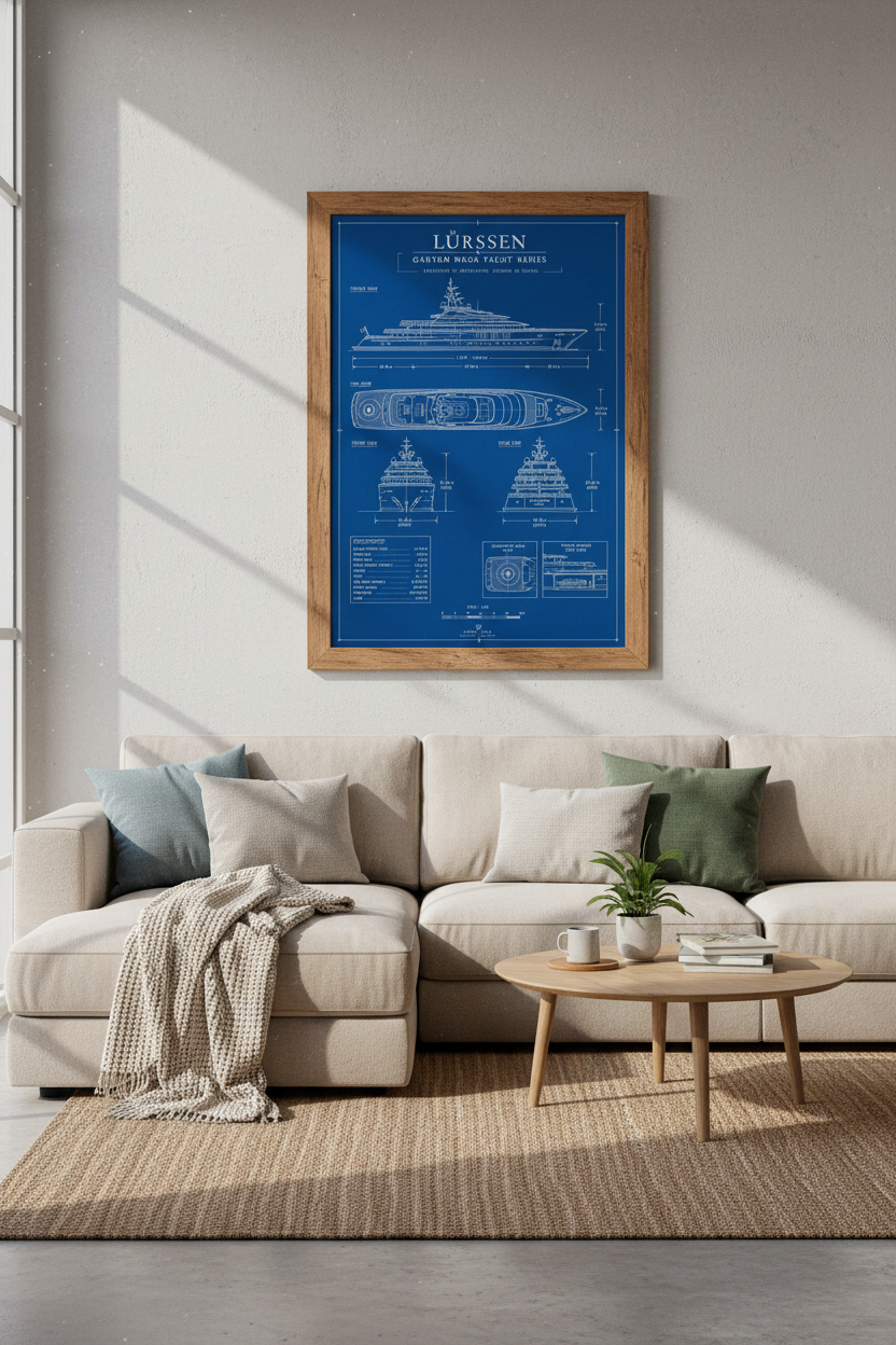 Mega Yacht Blueprint Wall Art | Nautical Engineering Poster | Office Decor