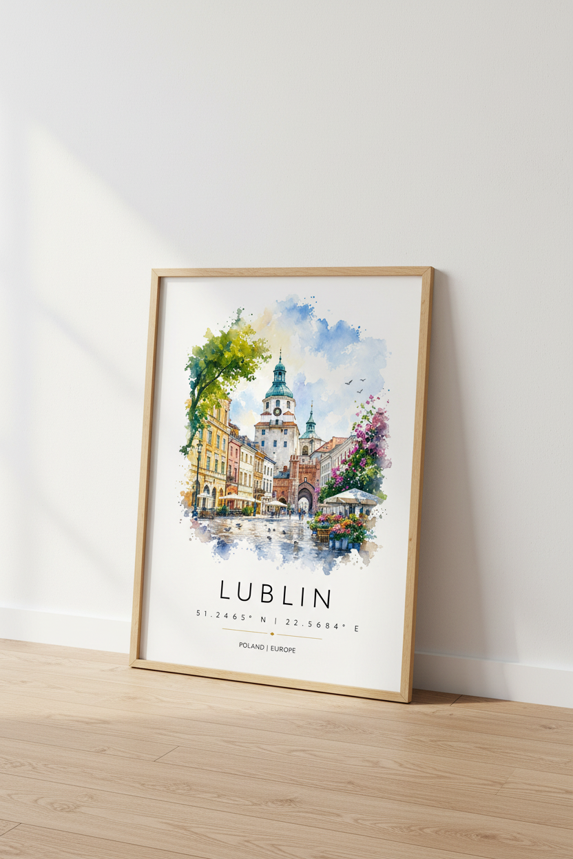 Lublin Poland Watercolor Wall Art | European City Travel Poster | Old Town Decor