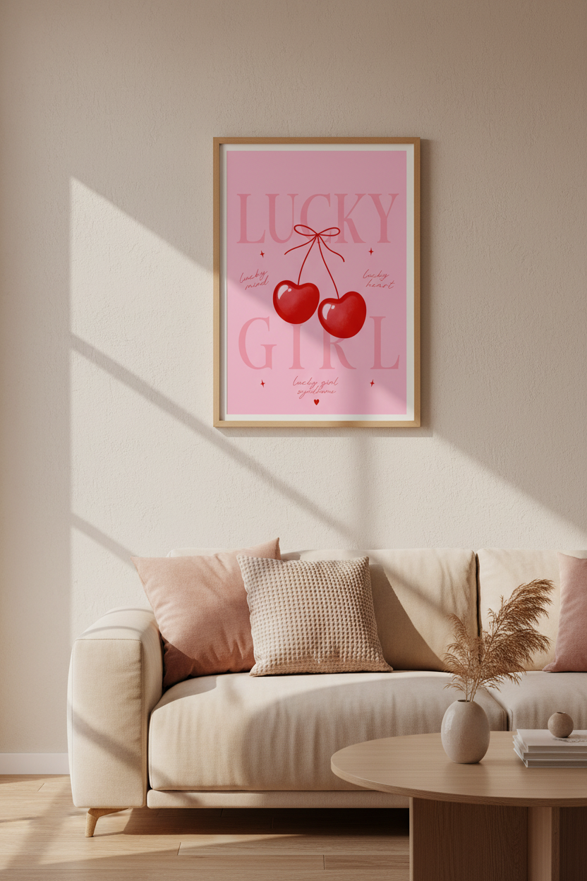 Lucky Girl Syndrome Poster | Pink Cherry Manifestation Wall Art | Aesthetic Room Decor
