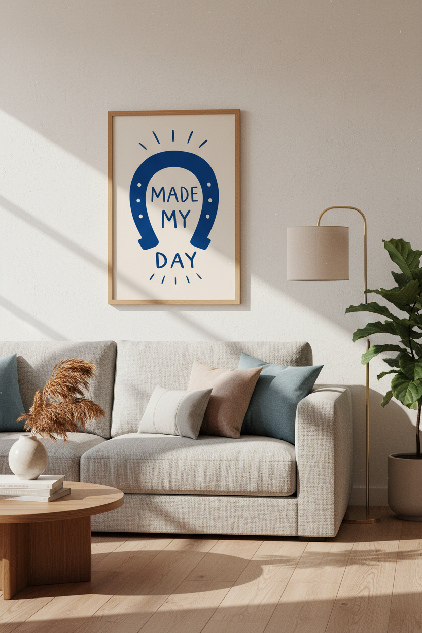Western Lucky Horseshoe Wall Art Print | Blue Boho Decor | Coastal Cowgirl Poster