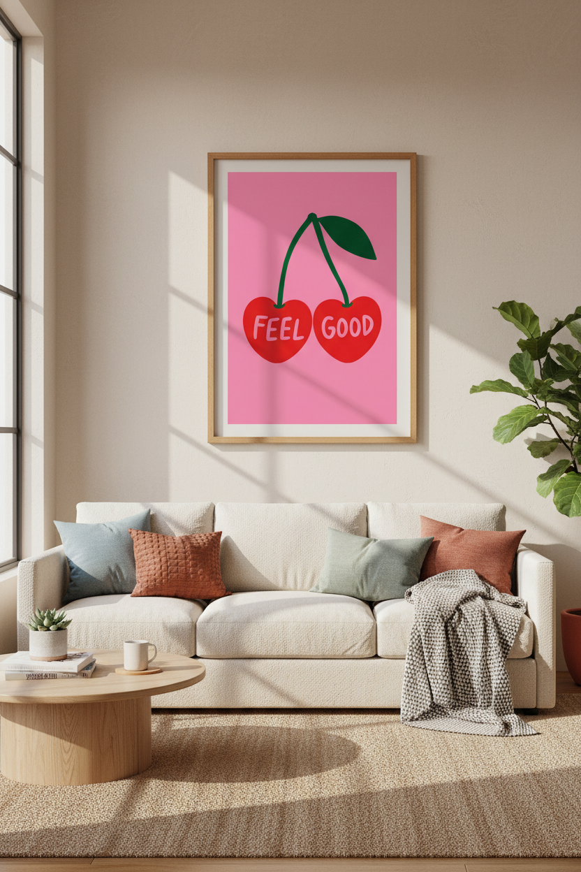 Cherry Wall Art Print | Retro Pink Feel Good Poster | Cute Kitchen & Dorm Room Decor