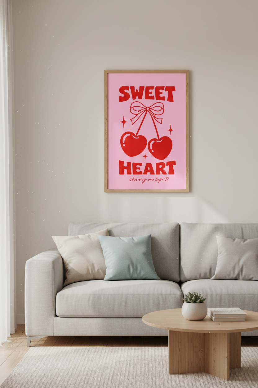 Cherry Bow Wall Art Print | Retro Coquette Pink & Red Poster | Trendy Preppy Decor