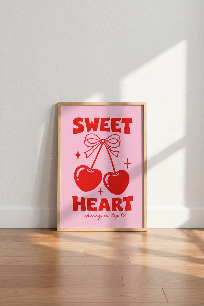 Cherry Bow Wall Art Print | Retro Coquette Pink & Red Poster | Trendy Preppy Decor