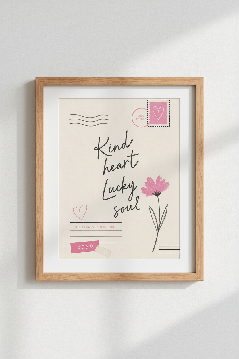 Coquette Quote Art Print | Pink Floral Aesthetic, Kind Heart Lucky Soul Poster