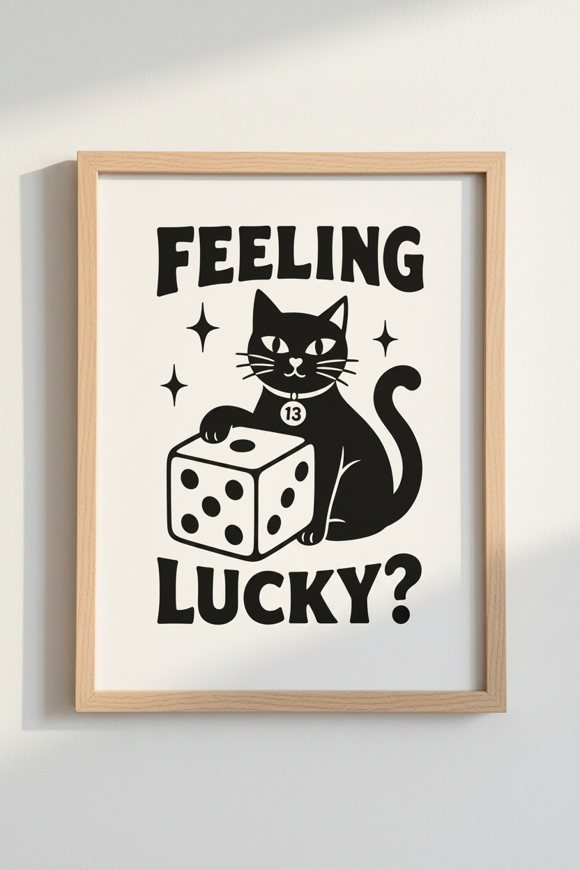 Lucky Cat Wall Art Print | Black and White Retro Dice Poster | Trendy Room Decor