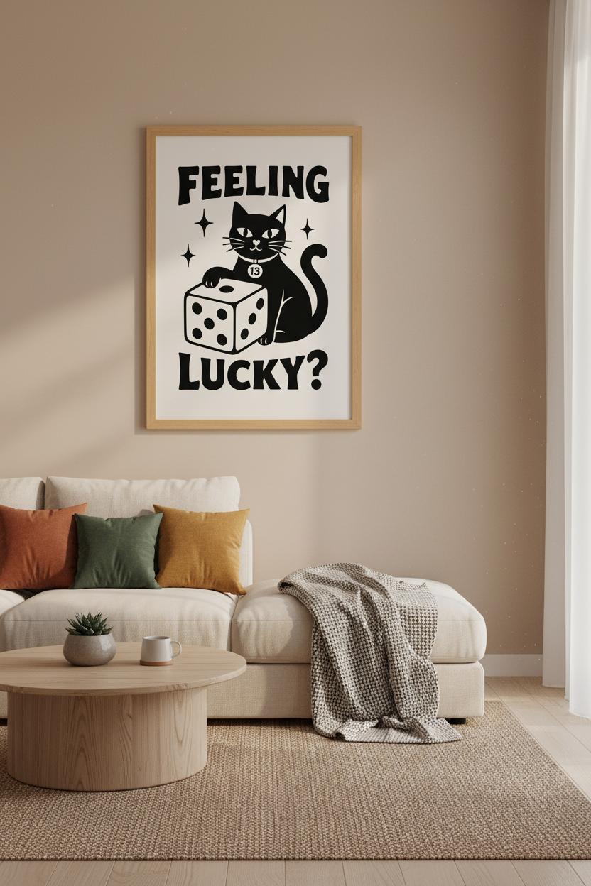 Lucky Cat Wall Art Print | Black and White Retro Dice Poster | Trendy Room Decor