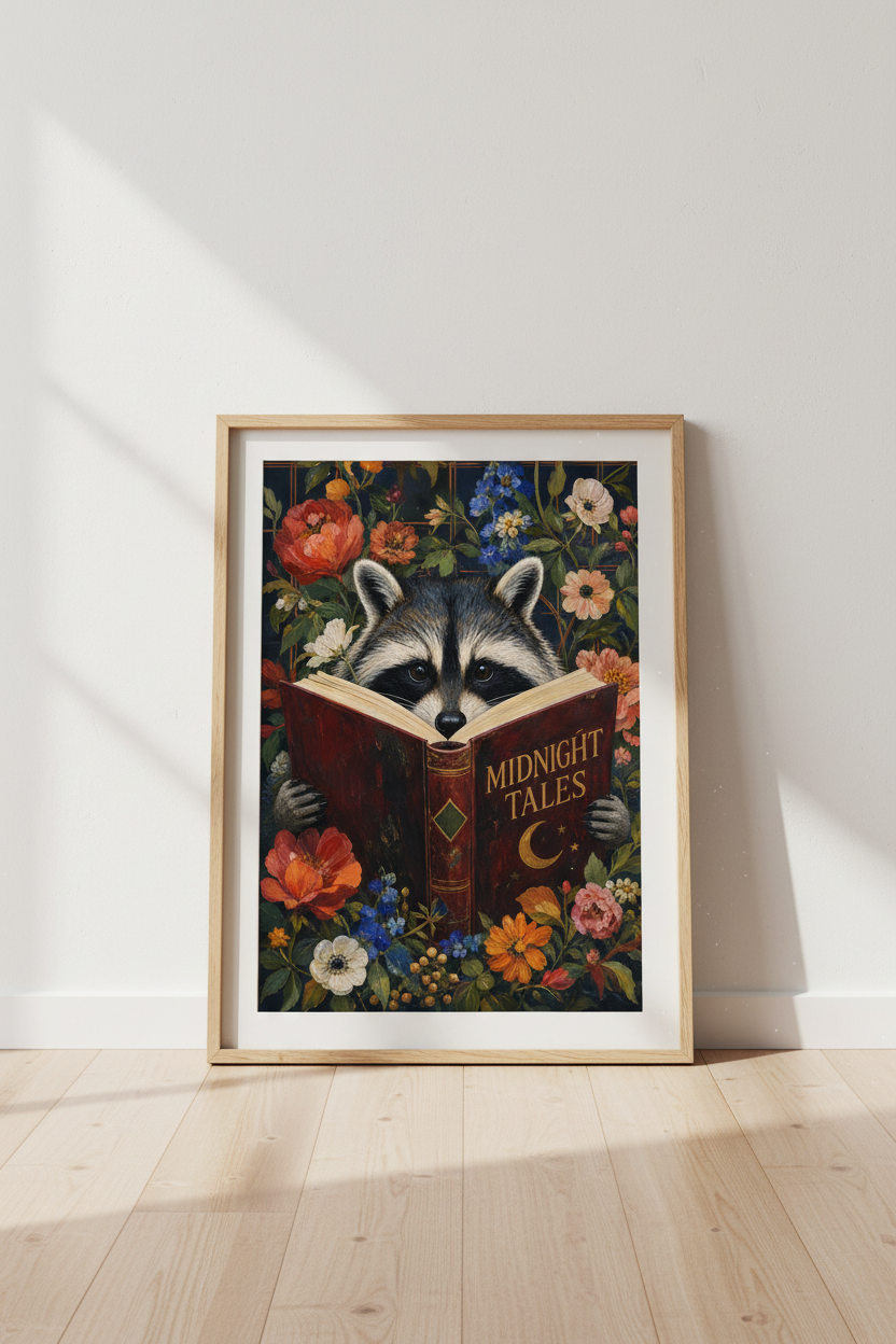 Raccoon Reading Moon Wall Art Print | Dark Academia Library Decor | Moody Floral Poster
