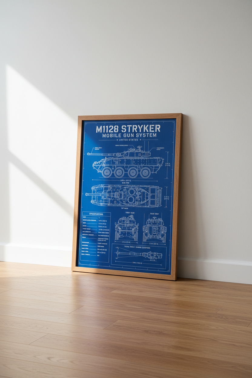 M1128 Stryker Blueprint Wall Art | Military Vehicle Decor | Industrial Tank Poster