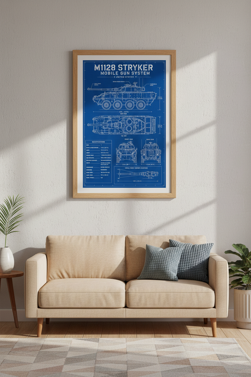 M1128 Stryker Blueprint Wall Art | Military Vehicle Decor | Industrial Tank Poster
